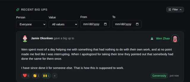 The recognition feed with its filter panel open, showing filters for person, value and date range above the first matching big up.