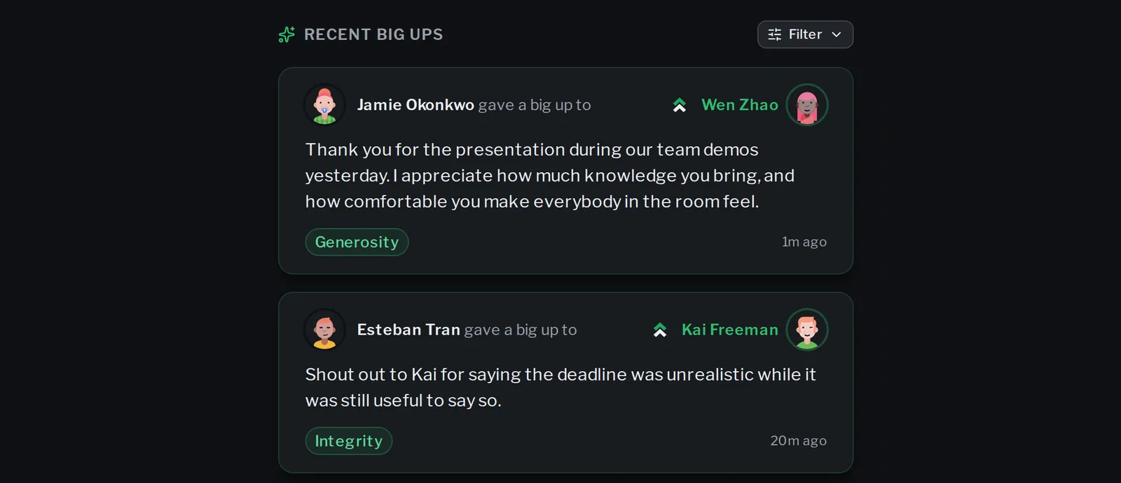 The recognition feed's Recent Big Ups header with its Filter button, above two kept big ups: Jamie Okonkwo thanking Wen Zhao, tagged Generosity, and Esteban Tran thanking Kai Freeman, tagged Integrity.