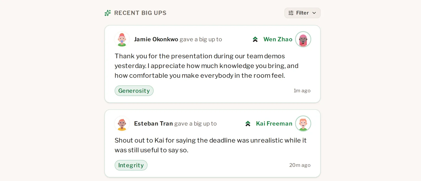 The recognition feed's Recent Big Ups header with its Filter button, above two kept big ups: Jamie Okonkwo thanking Wen Zhao, tagged Generosity, and Esteban Tran thanking Kai Freeman, tagged Integrity.