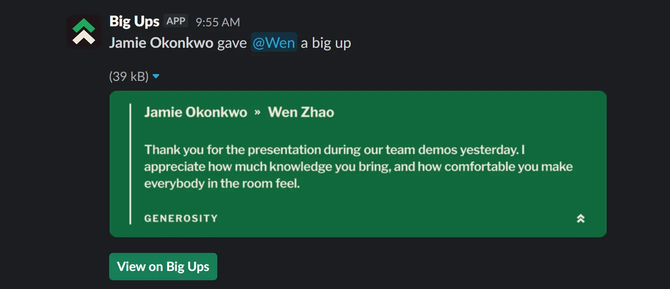 Jamie Okonkwo thanking Wen Zhao in a Slack channel: a big up tagged with the value Generosity.