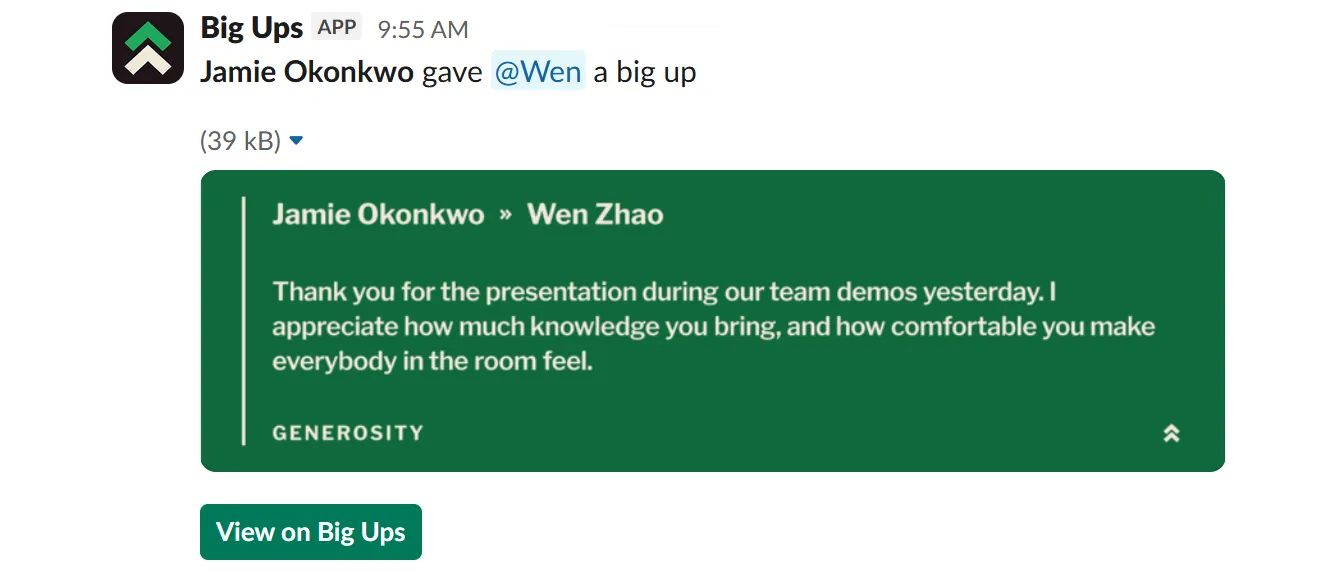 Jamie Okonkwo thanking Wen Zhao in a Slack channel: a big up tagged with the value Generosity.